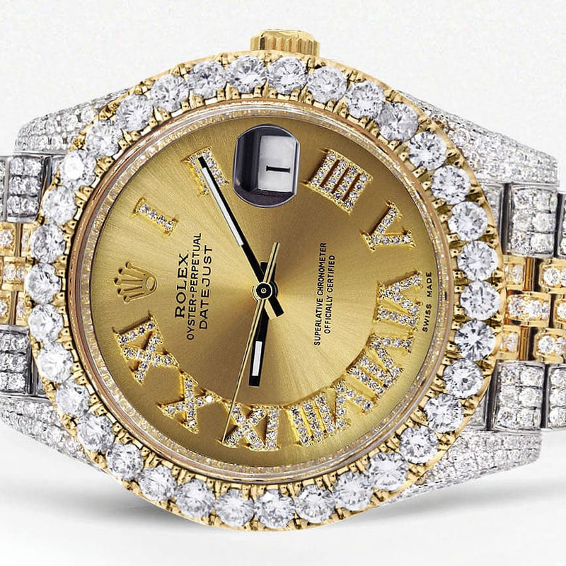 Diamond Iced Out Rolex Datejust 41 | 25 Carats Of Diamonds | Custom Gold Roman Numeral Diamond Dial | Two Tone | Jubilee Band