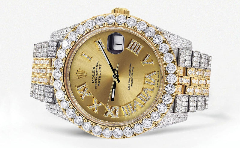 Diamond Iced Out Rolex Datejust 41 | 25 Carats Of Diamonds | Custom Gold Roman Numeral Diamond Dial | Two Tone | Jubilee Band