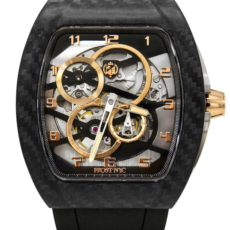 Frost NYC Mens Watch - Automatic Skeleton Carbon Fiber Sport Gold Watch | FRST-01-CFY| Black