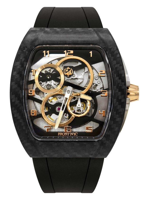 Frost NYC Mens Watch - Automatic Skeleton Carbon Fiber Sport Gold Watch | FRST-01-CFY| Black