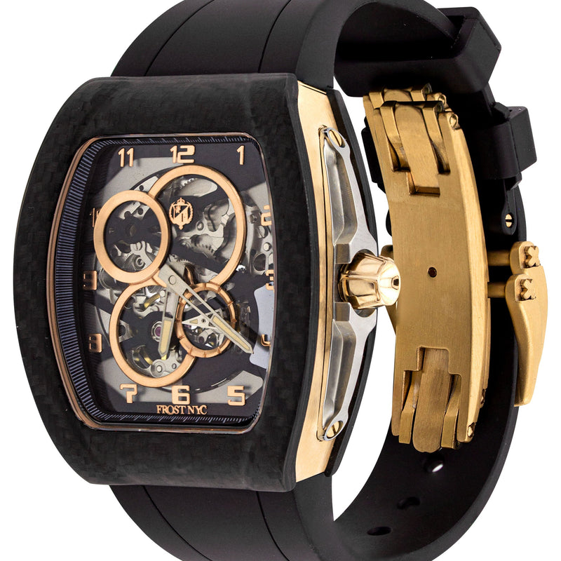Frost NYC Mens Watch - Automatic Skeleton Carbon Fiber Sport Gold Watch | FRST-01-CFY| Black