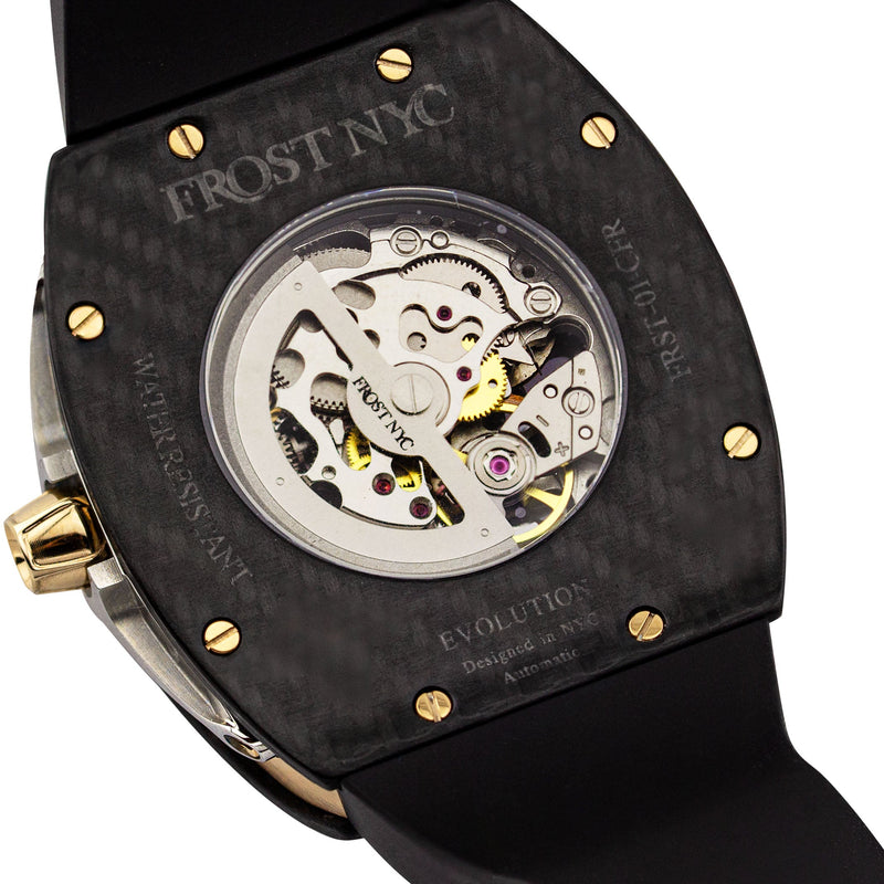 Frost NYC Mens Watch - Automatic Skeleton Carbon Fiber Sport Gold Watch | FRST-01-CFY| Black