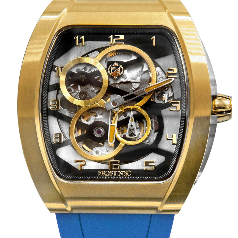 Frost NYC Mens Watch - Automatic  Skeleton Sport Gold Watch | FRST-01-CY| Blue