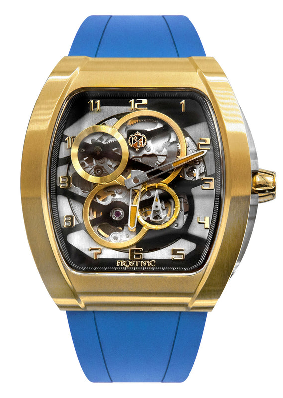 Frost NYC Mens Watch - Automatic  Skeleton Sport Gold Watch | FRST-01-CY| Blue