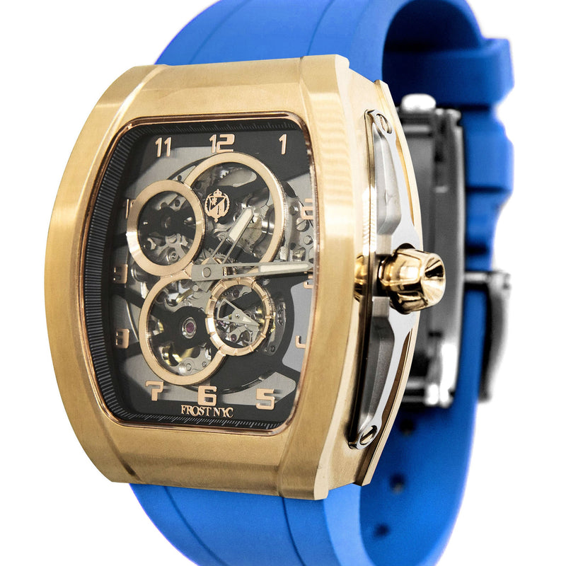 Frost NYC Mens Watch - Automatic  Skeleton Sport Gold Watch | FRST-01-CY| Blue