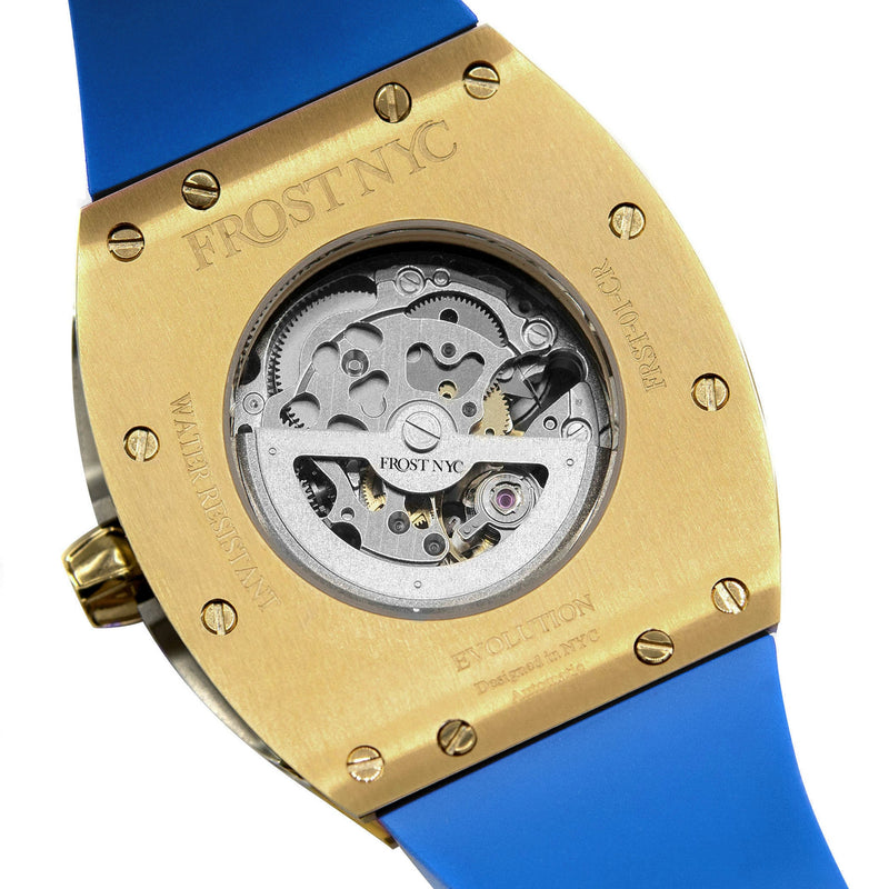 Frost NYC Mens Watch - Automatic  Skeleton Sport Gold Watch | FRST-01-CY| Blue