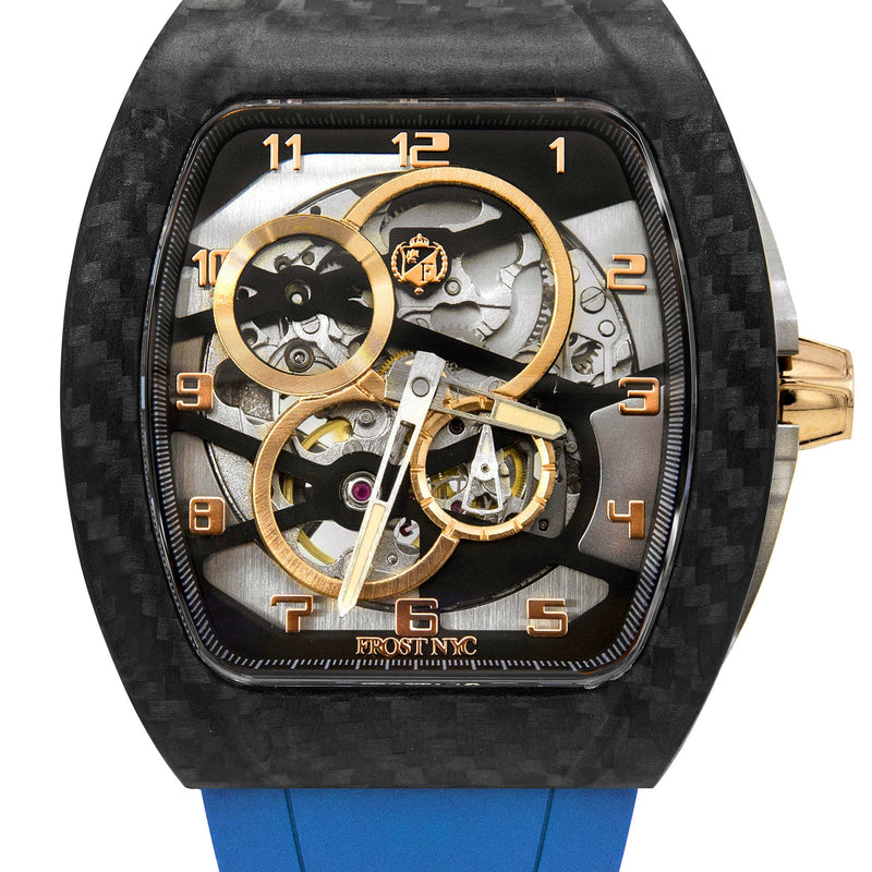 Frost NYC Mens Watch - Automatic Skeleton Carbon Fiber Sport Gold Watch | FRST-01-CFY| Blue