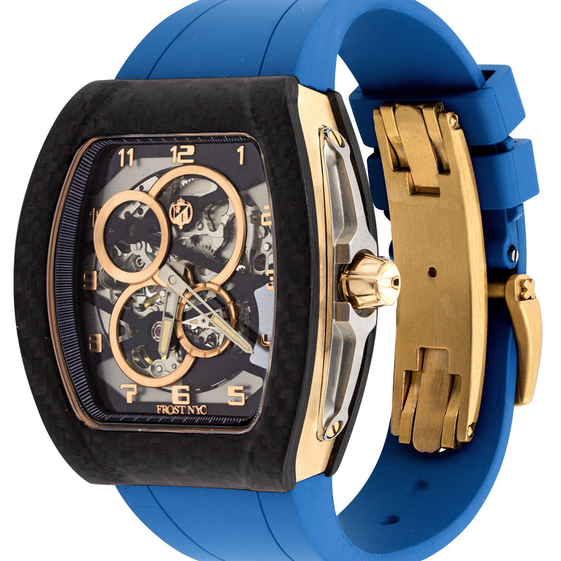 Frost NYC Mens Watch - Automatic Skeleton Carbon Fiber Sport Gold Watch | FRST-01-CFY| Blue