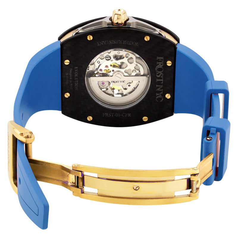 Frost NYC Mens Watch - Automatic Skeleton Carbon Fiber Sport Gold Watch | FRST-01-CFY| Blue