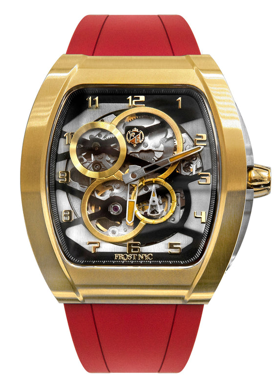 Frost NYC Mens Watch - Automatic  Skeleton Sport Gold Watch | FRST-01-CY | Red