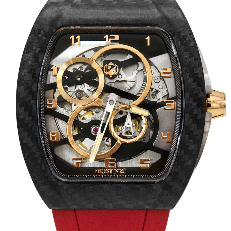 Frost NYC Mens Watch - Automatic Skeleton Carbon Fiber Sport Gold Watch | FRST-01-CFY| Red