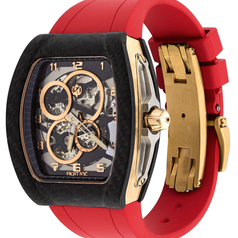 Frost NYC Mens Watch - Automatic Skeleton Carbon Fiber Sport Gold Watch | FRST-01-CFY| Red