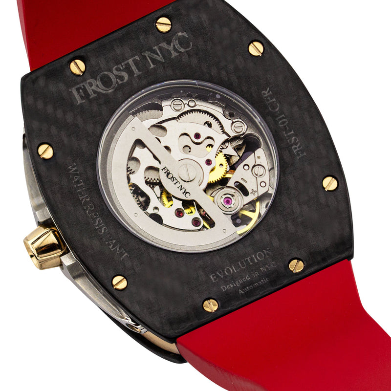 Frost NYC Mens Watch - Automatic Skeleton Carbon Fiber Sport Gold Watch | FRST-01-CFY| Red