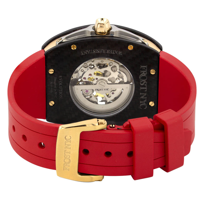 Frost NYC Mens Watch - Automatic Skeleton Carbon Fiber Sport Gold Watch | FRST-01-CFY| Red
