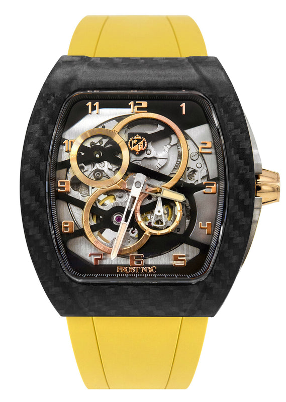 Frost NYC Mens Watch - Automatic Skeleton Carbon Fiber Sport Gold Watch | FRST-01-CFY| Yellow