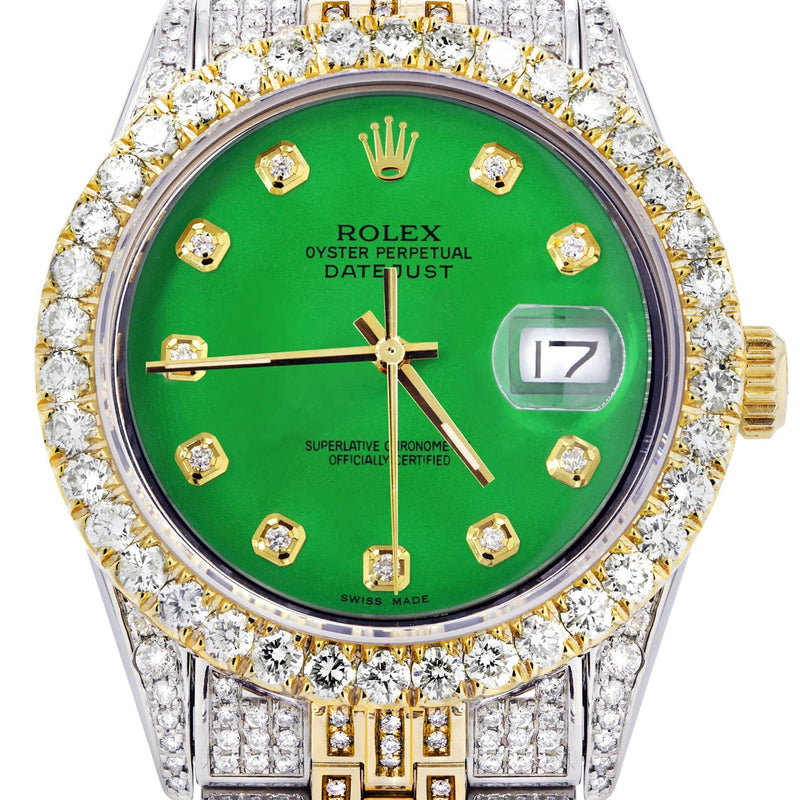 Iced Out Rolex Datejust 36 MM | Two Tone | 10 Carats of Diamonds | Green Diamond Dial