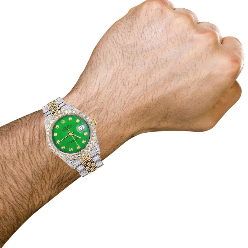 Iced Out Rolex Datejust 36 MM | Two Tone | 10 Carats of Diamonds | Green Diamond Dial