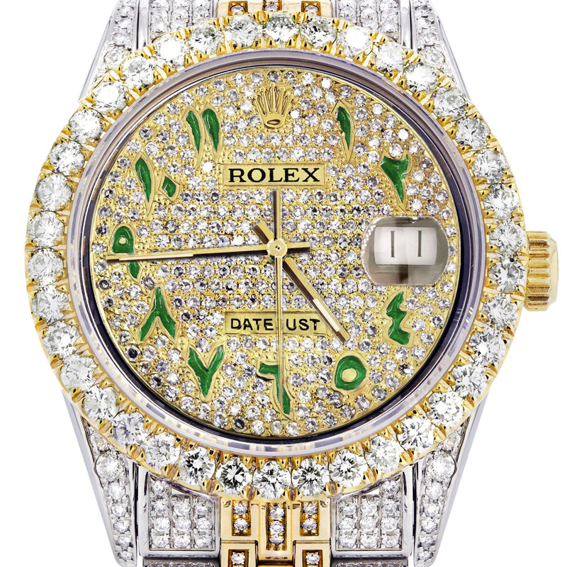 Iced Out Rolex Datejust 36 MM | Two Tone | 10 Carats of Diamonds | Full Diamond Green Arabic Diamond Dial