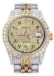 Iced Out Rolex Datejust 36 MM | Two Tone | 10 Carats of Diamonds | Full Diamond Green Arabic Diamond Dial
