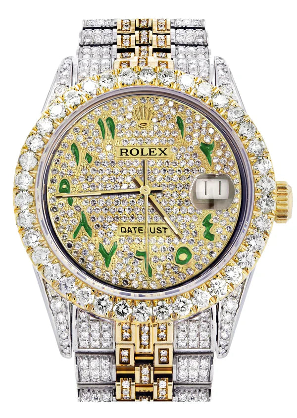 Iced Out Rolex Datejust | 36MM | Full Diamond Green Arabic Diamond Dial | Two Tone | Diamond Jubilee Band | 10 Carats of Diamonds |