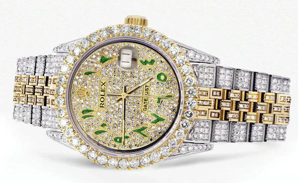 Iced Out Rolex Datejust | 36MM | Full Diamond Green Arabic Diamond Dial | Two Tone | Diamond Jubilee Band | 10 Carats of Diamonds |