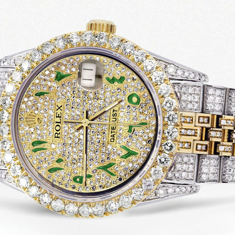 Iced Out Rolex Datejust 36 MM | Two Tone | 10 Carats of Diamonds | Full Diamond Green Arabic Diamond Dial