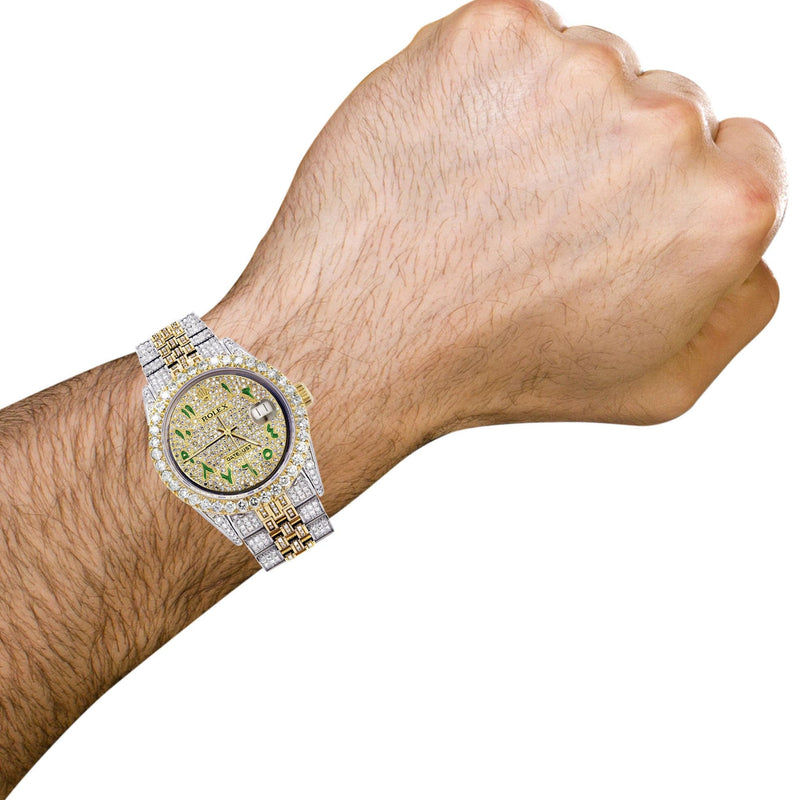 Iced Out Rolex Datejust 36 MM | Two Tone | 10 Carats of Diamonds | Full Diamond Green Arabic Diamond Dial