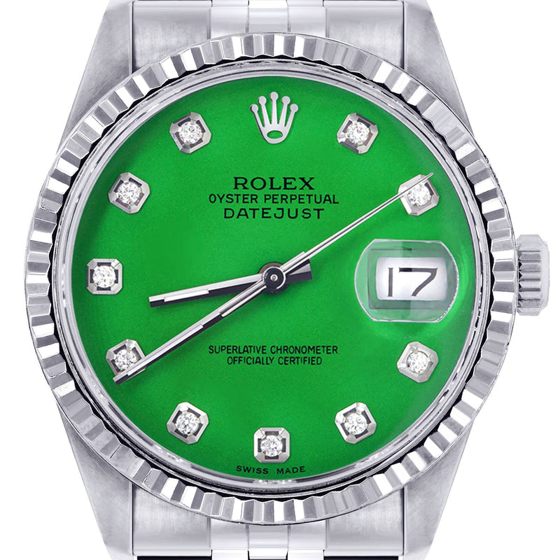 Womens Rolex Datejust Watch 16200 | Fluted Bezel | 36Mm | Green Dial | Fluted Bezel | Jubilee Band