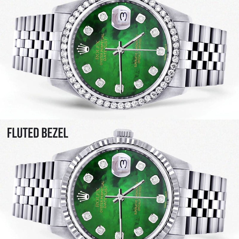 Diamond Mens Rolex Datejust Watch 16200 | 36Mm | Green Diamond Mother Of Pearl Dial | Jubilee Band