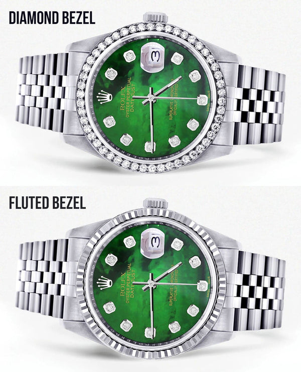 Diamond Mens Rolex Datejust Watch 16200 | 36Mm | Green Diamond Mother Of Pearl Dial | Jubilee Band
