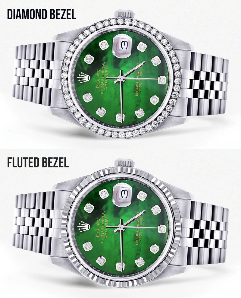 Diamond Mens Rolex Datejust Watch 16200 | 36Mm | Green Diamond Mother Of Pearl Dial | Jubilee Band