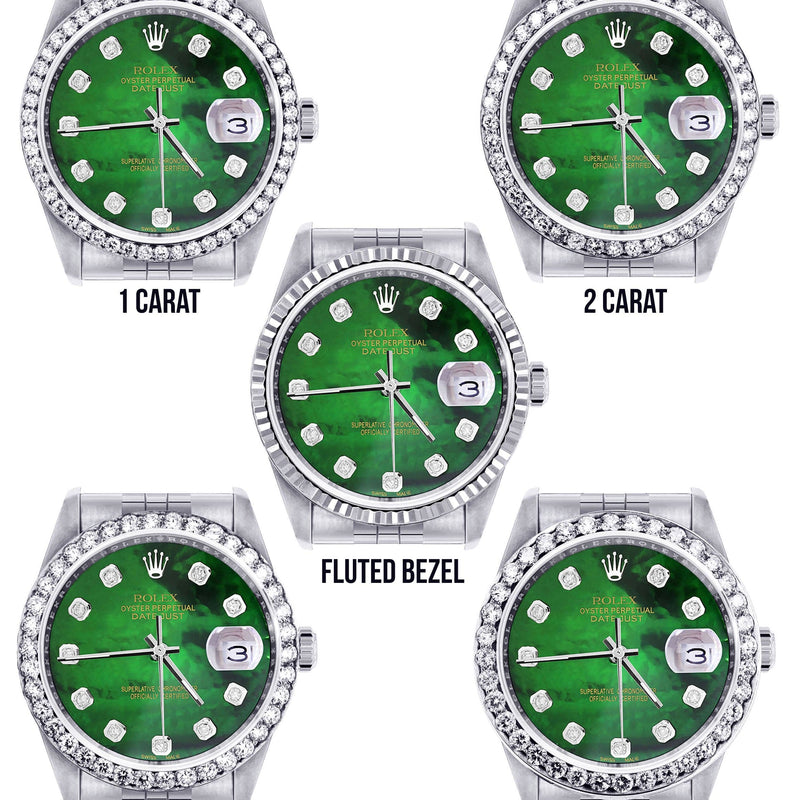 Diamond Mens Rolex Datejust Watch 16200 | 36Mm | Green Diamond Mother Of Pearl Dial | Jubilee Band