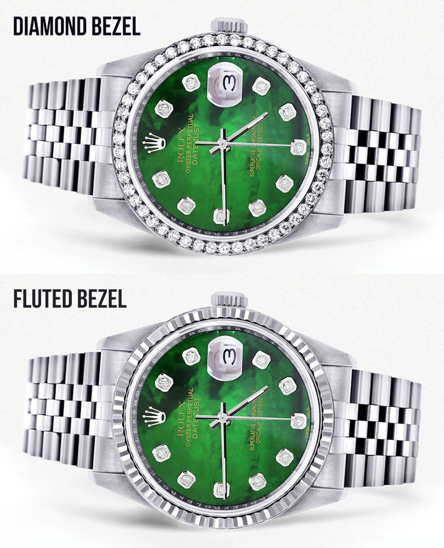Diamond Mens Rolex Datejust Watch 16200 | 36Mm | Green Diamond Mother Of Pearl Dial | Jubilee Band
