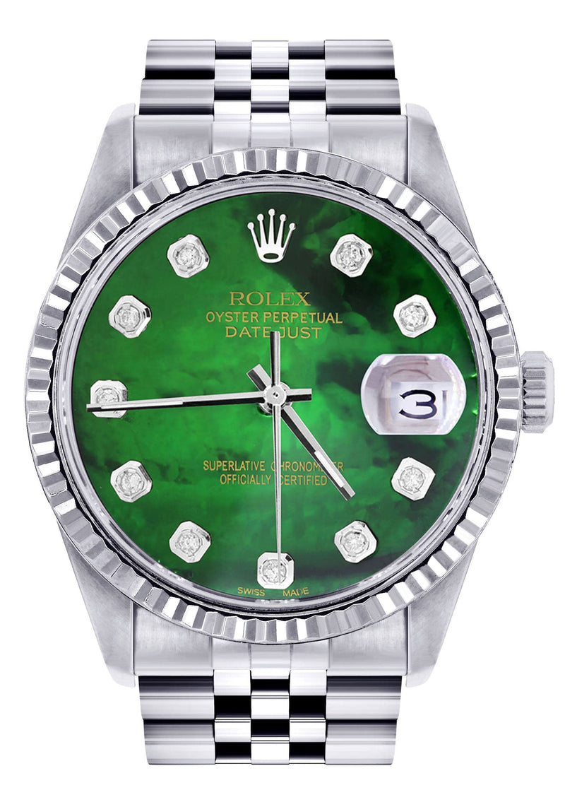 Mens Rolex Datejust Watch 16200 | Fluted Bezel | 36Mm | Green Mother of Pearl Dial | Jubilee Band