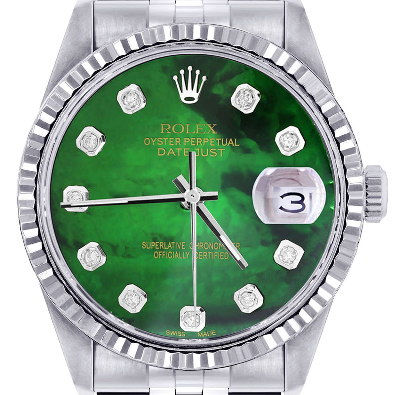 Womens Rolex Datejust Watch 16200 | Fluted Bezel | 36Mm | Green Mother of Pearl Dial | Fluted Bezel | Jubilee Band
