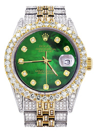 Iced Out Rolex Datejust 36 MM | Two Tone | 10 Carats of Diamonds | Green Mother of Pearl Diamond Dial