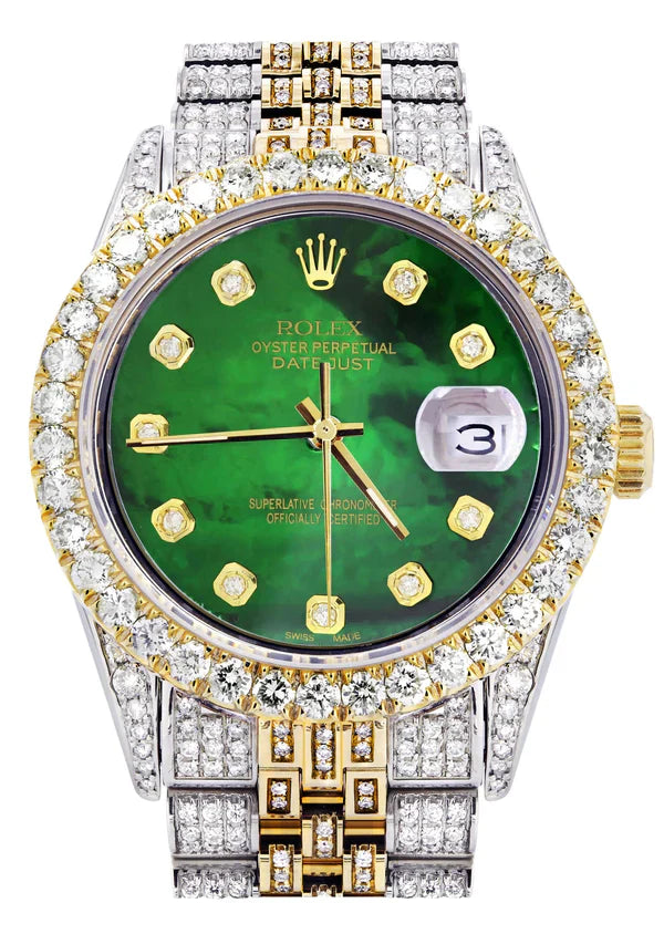 Iced Out Rolex Datejust | 36MM | Green Mother of Pearl Diamond Dial | Two Tone | Diamond Jubilee Band | 10 Carats of Diamonds