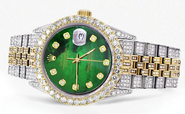 Iced Out Rolex Datejust | 36MM | Green Mother of Pearl Diamond Dial | Two Tone | Diamond Jubilee Band | 10 Carats of Diamonds