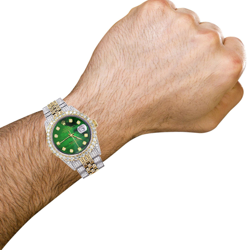 Iced Out Rolex Datejust 36 MM | Two Tone | 10 Carats of Diamonds | Green Mother of Pearl Diamond Dial