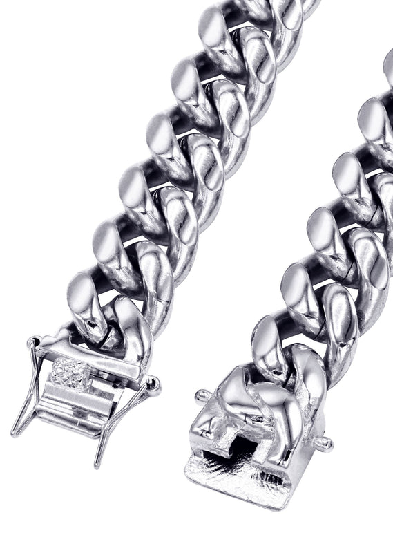 White Gold Plated Mens Solid Miami Cuban Link Chain
