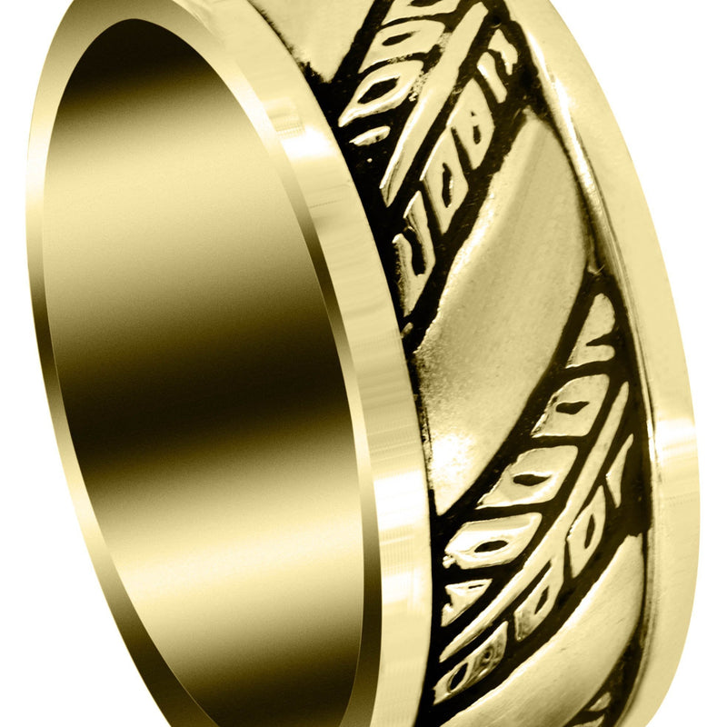 Yellow Gold Fancy Carved Hand Engraved Diamond Mens Wedding Band | Satin Finish (Devin)
