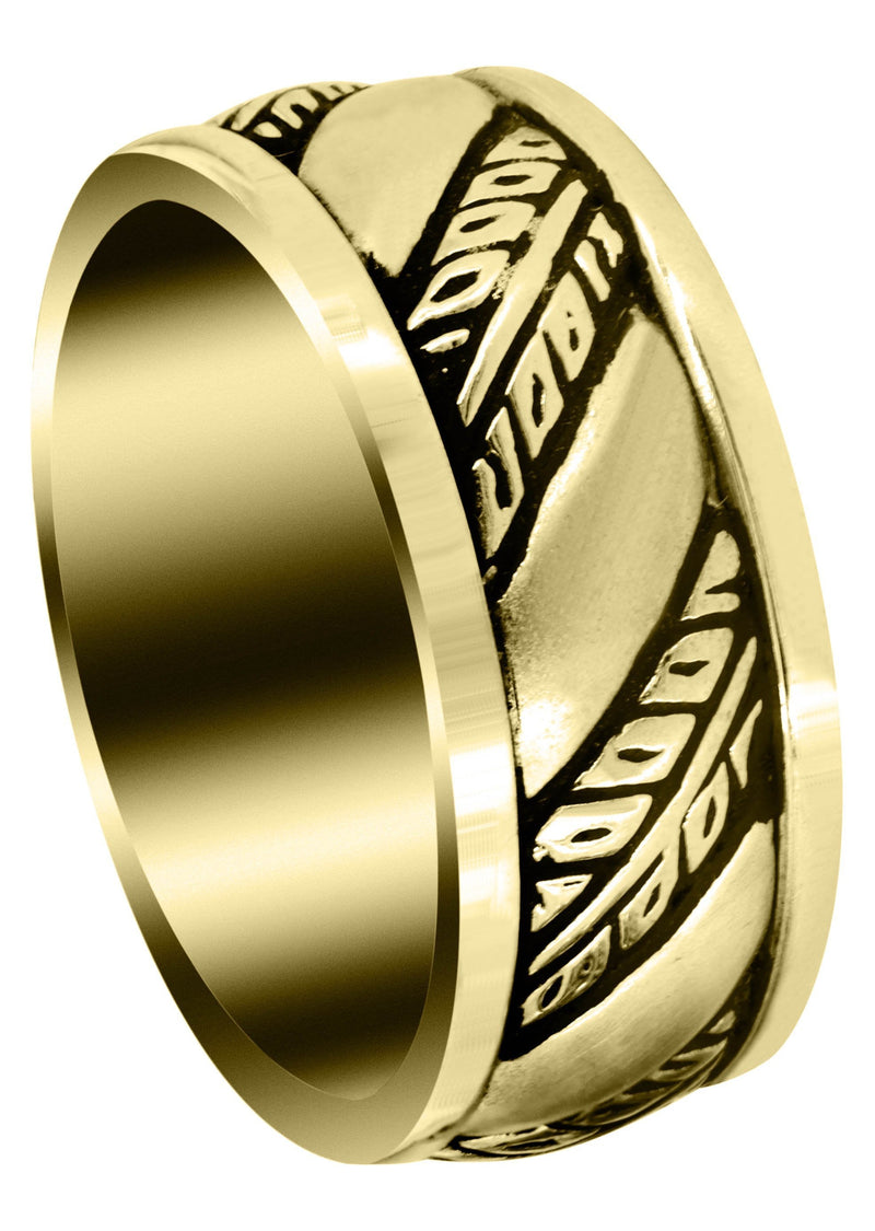 Yellow Gold Fancy Carved Hand Engraved Diamond Mens Wedding Band | Satin Finish (Devin)