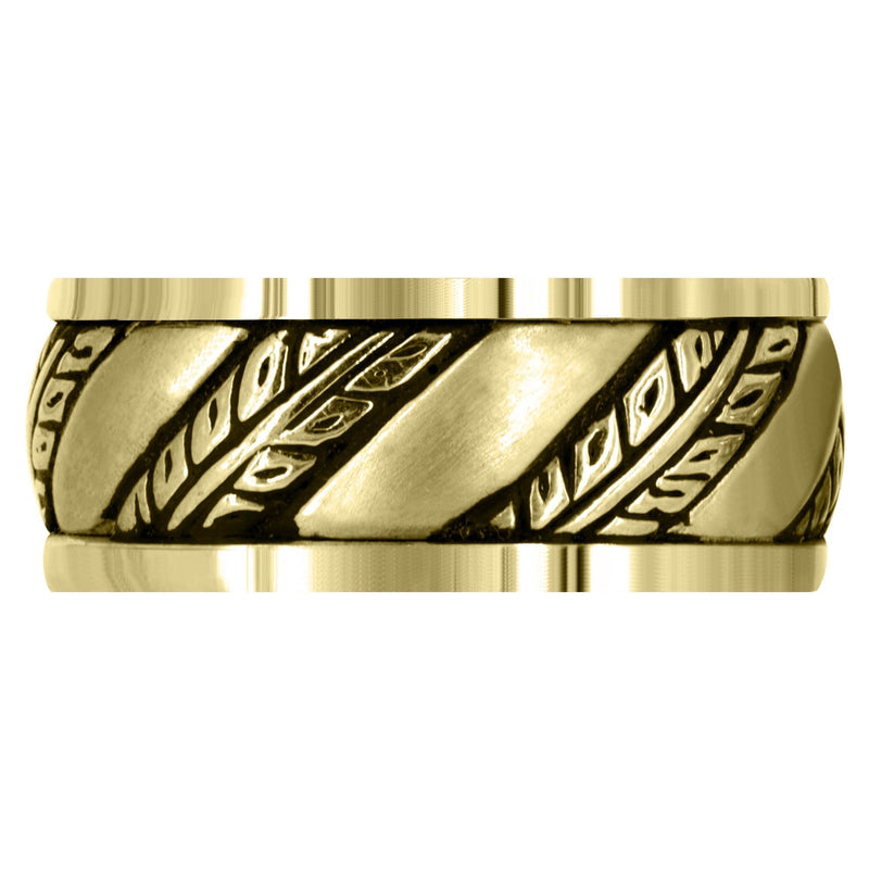 Yellow Gold Fancy Carved Hand Engraved Diamond Mens Wedding Band | Satin Finish (Devin)