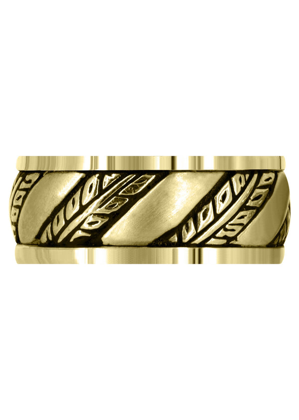 Yellow Gold Fancy Carved Hand Engraved Diamond Mens Wedding Band | Satin Finish (Devin)