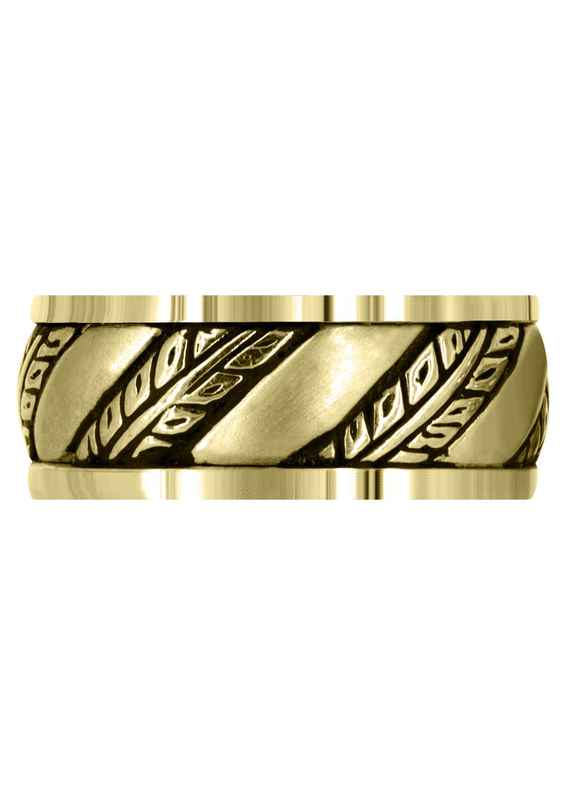 Yellow Gold Fancy Carved Hand Engraved Diamond Mens Wedding Band | Satin Finish (Devin)