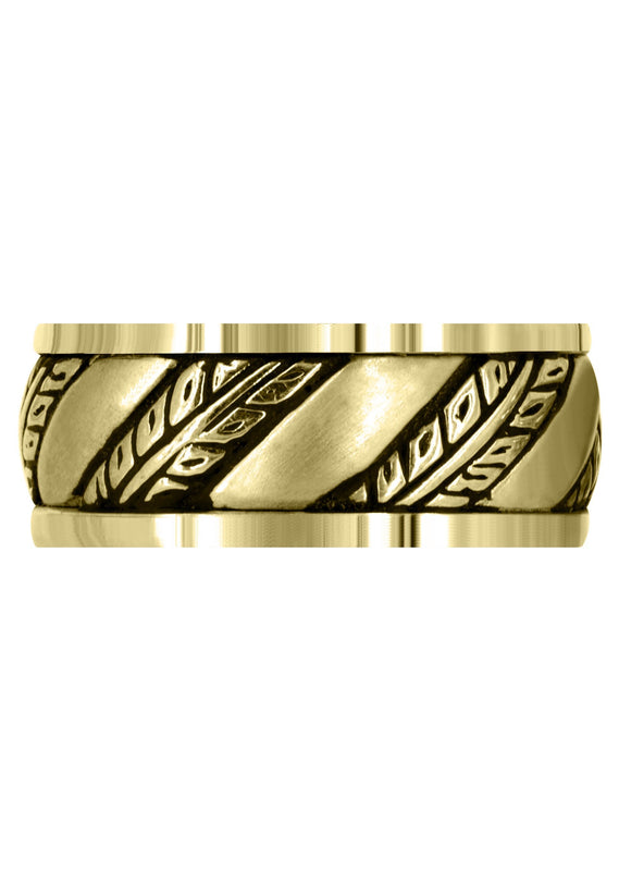 Yellow Gold Fancy Carved Hand Engraved Diamond Mens Wedding Band | Satin Finish (Devin)