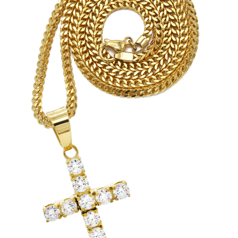 Mens Gold Plated Franco Chain & Cross Pendant | Appx. 12.4 Grams