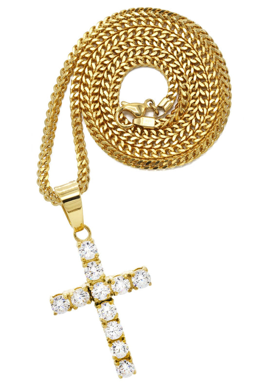 Mens Gold Plated Franco Chain & Cross Pendant | Appx. 12.4 Grams