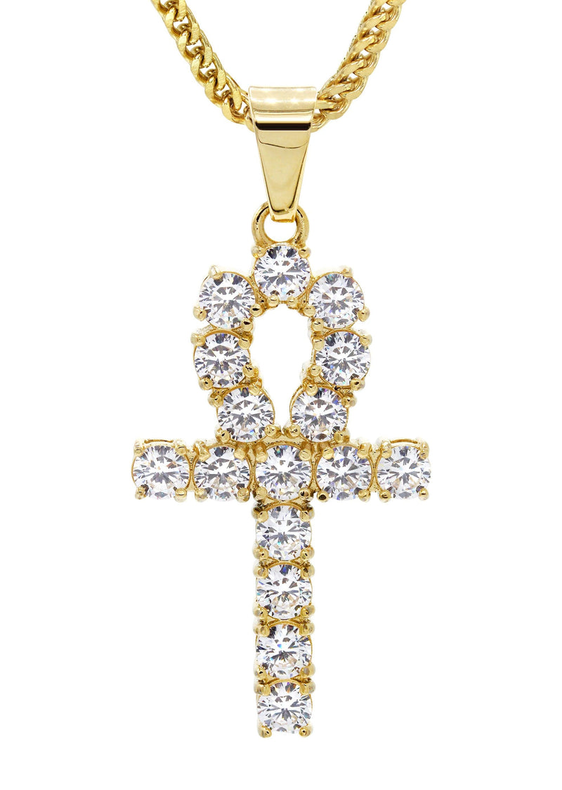 Mens Gold Plated Franco Chain & Ankh Pendant | Appx. 14.2 Grams