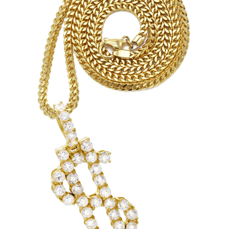 Mens Gold Plated Franco Chain & Money Sign Pendant | Appx. 14.3 Grams